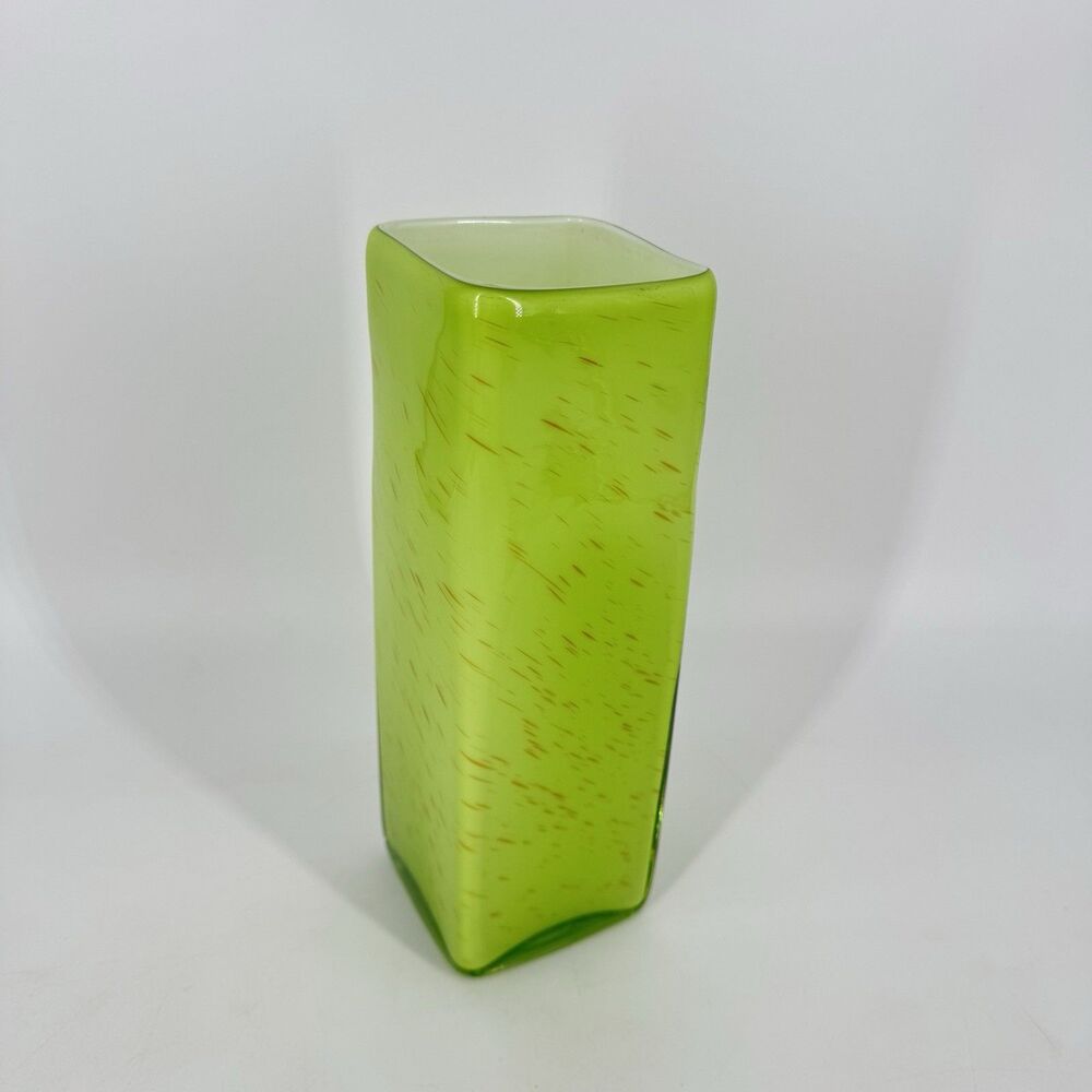 Tall Green Art Glass Vase Hand Blown Style Square Modern Speckled 9.75”